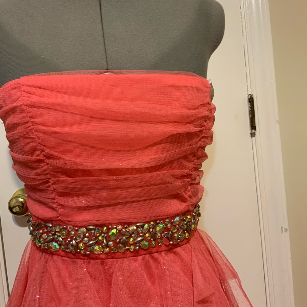 EUC Deb Strapless Coral Sparkly ruffles Prom/ Cocktail mini Dress - Picture 5 of 9